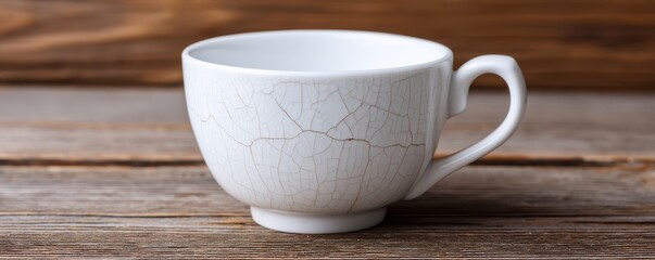 Great depression concept. Cracked white ceramic cup on a rustic wooden surface.