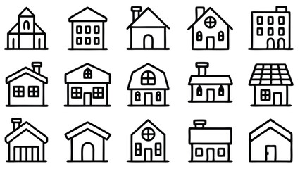 Fototapeta premium This black vector set features simple house icons, symbols of real estate and home design for web or print