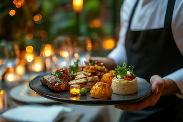 Waiter holding plate of food, smiling. Busy restaurant background, people chatting. Warm, inviting atmosphere.