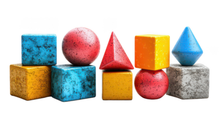 Colorful geometric shapes cubes spheres pyramids isolated on black background on transparent background