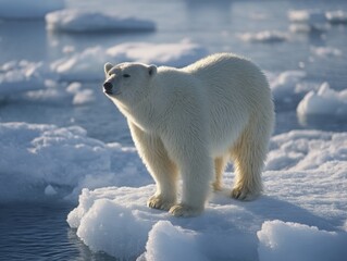 Majestic polar bear standing on ice floe in arctic waters, symbolizing resilience and the fragility of nature. Ideal for conservation campaigns, climate change awareness, wildlife documentaries.