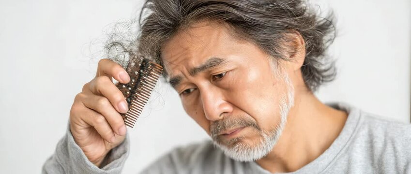 An older man with receding hair who is obviously unhappy and clutching a comb with some hair matted to it. 