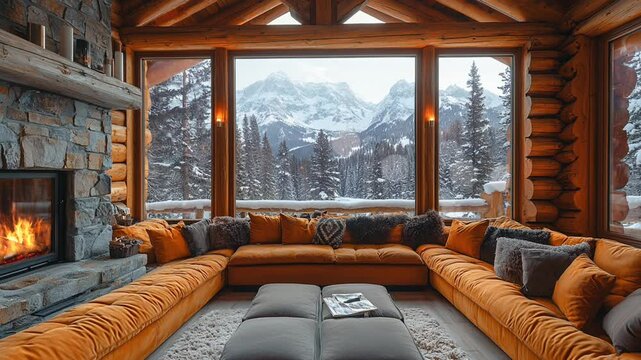 Luxury wooden cabin living room with fireplace and mountain view through large windows in winter, seamless looping 4k time-lapse animation video background. Cozy interior concept