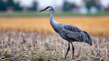 Obraz premium Gray crane standing in a harvested field.