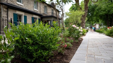 A well-maintained garden features neatly trimmed boxwood shrubs surrounded by blooming flowers and smooth stone pathways, creating a picturesque outdoor retreat