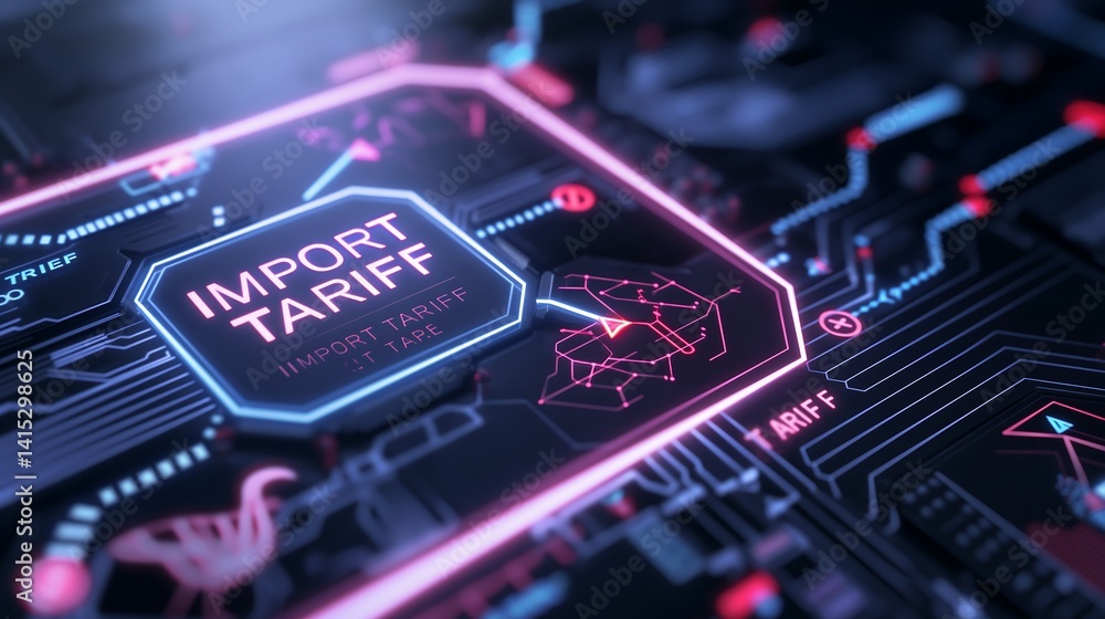 Poster augmented reality interface showing import-export icons with glowing warning signs and the term impo