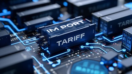 Augmented data display of business logistics networks with digital arrows and the warning message IMPORT TARIFF overlaid on container icons.