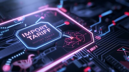Augmented reality interface showing import-export icons with glowing warning signs and the term IMPORT TARIFF emphasized in bold text.