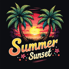 Naklejka premium Typography summer with beech and sunset lover t-shirt design vector.
