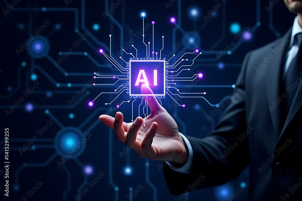 Poster a man is holding a hand up to a computer screen that has a picture of a brain wi