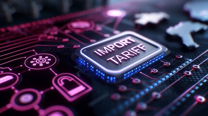 Digital concept art of rising customs costs with floating trade icons and a prominent IMPORT TARIFF label in a futuristic border control display.