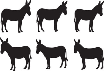 Obraz premium Silhouettes of donkeys, black and white illustration, multiple identical figures, side view of animals, minimalist design, simple shapes, repetitive pattern, farm animals, equine outlines