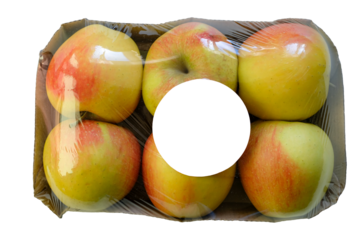 Plastic-wrapped tray of six apples in a cardboard container. Isolated. Circle used for placeholder text, labeling, or graphical editing purposes. Product-style presentation. Top view.