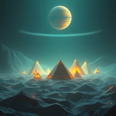 An alien planet with surreal landscapes, glowing terrain, colorful atmosphere, and distant stars in the sky. Mysterious, otherworldly, and futuristic