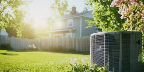 Outdoor air conditioning unit on a sunny day in a residential backyard with flowering plants