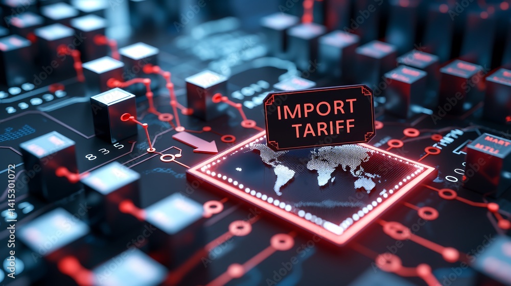 Poster virtual display of global trade icons with a bold red alert showing import tariff rising over a digi