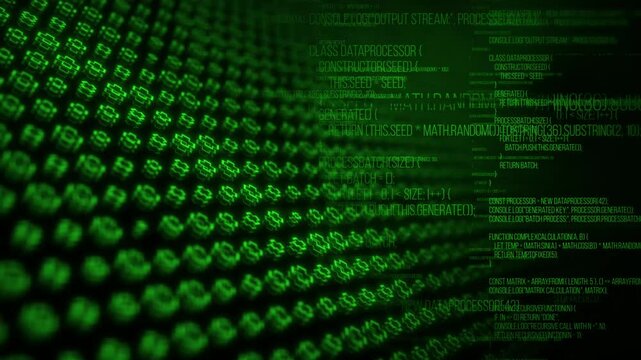Abstract, technological, dynamic background, with glowing green crosses on a black background with computer code.4K