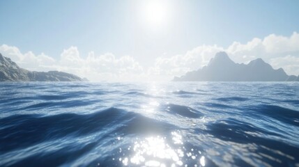 Fototapeta premium Azure ocean vista, bathed in sunlight, with distant islands.