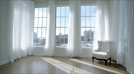 Fototapeta premium Morning light streams through sheer curtains, illuminating a minimalist interior with a focus on serenity, highlighting a cozy seating area in a stylish setting