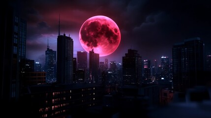 Obraz premium Crimson moon looming over a dark cityscape.