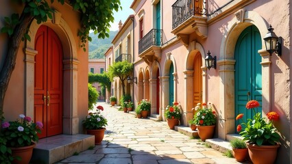 Sun-Drenched Alleyway with Vibrant Doors and Flower Pots in a Picturesque Village Setting