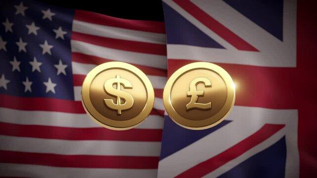 3D illustration of gold dollar and pound sterling coins in front of the USA and UK flags, representing international finance, currency exchange, and economic relations.