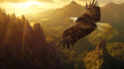 Bald eagle soaring high above a forested mountain range its sharp eyes scanning the ground below under a radiant sunrise