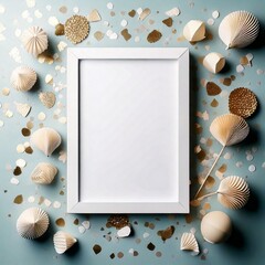 Summer beach card with seashells and floral decorations on blue background.
