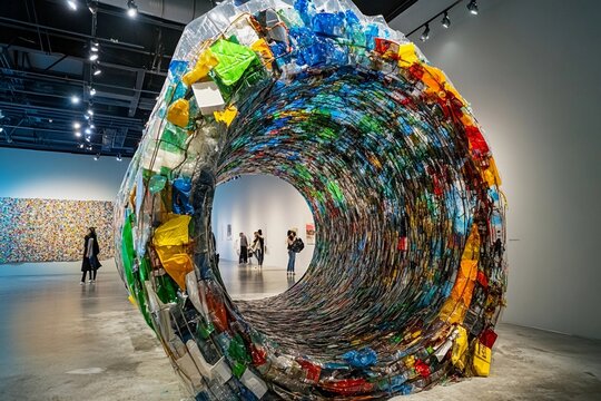 an innovative art installation created from recycled materials, highlighting the importance of reducing waste and supporting eco-friendly practices