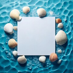  Summer holiday card with white paper and seashells in blue water.