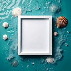  Summer holiday card with white paper and seashells in blue water.