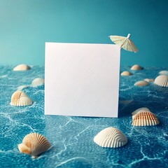  Blank summer card with splashing water and seashell decoration.