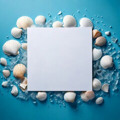  Summer holiday card with white paper and seashells in blue water.