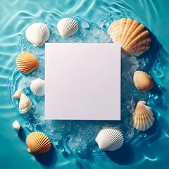  Summer holiday card with white paper and seashells in blue water.