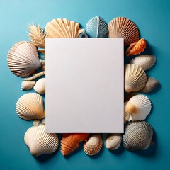 Summer beach card with seashells and floral decorations on blue background.
