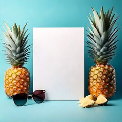  Summer card with pineapples and sunglasses on blue background.