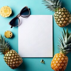  Summer card with pineapples and sunglasses on blue background.