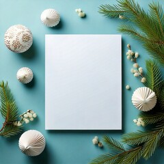 Summer beach card with seashells and floral decorations on blue background.