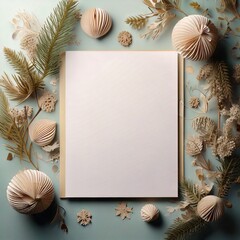 Summer beach card with seashells and floral decorations on blue background.
