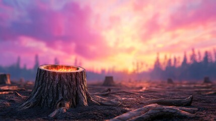Naklejka premium Devastated Forest Landscape Featuring Tree Stump Against Vibrant Sunset Sky with Dark Silhouettes of Trees