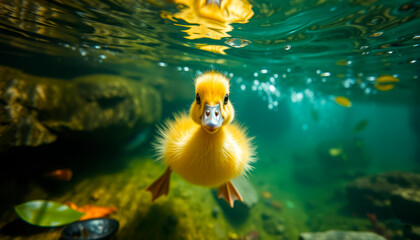 Cute and funny yellow duckling swimming in lake, little duck