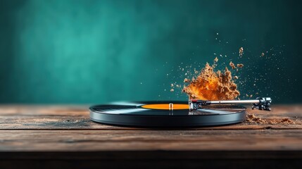 This striking image captures a vinyl record in motion, creating a visual representation of sound waves and energy through an explosion of elements that signify the joy of music and rhythm.