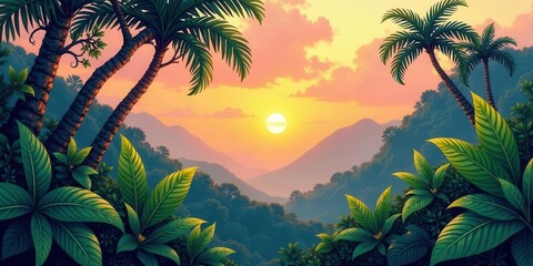 Serene Sunset Over Lush Tropical Valley with Palm Trees Framing the View