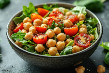 Bowl of chickpea salad with tomatoes and spinach, vibrant colors and fresh ingredients presented on a wooden table.