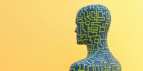 Artistic humanoid figure with maze pattern against vibrant yellow backdrop