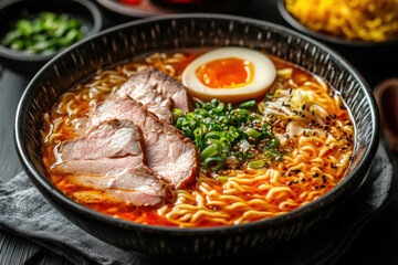 Bowl of steaming ramen with egg, pork slices, and green onions, placed on a wooden table with chopsticks resting on the side.
