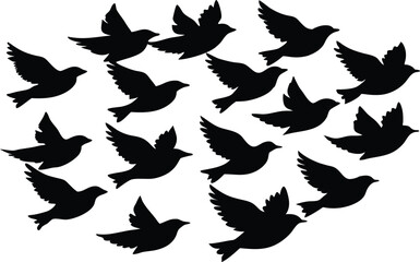  Black silhouettes of multiple birds in flight, symbolizing freedom, movement, and nature, ideal for nature, wildlife, and inspirational design themes.