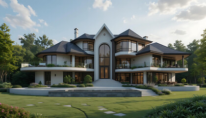 Stunning Modern Home: Curved and Angular Design with Panoramic Views, Stone Steps, and Lush Greenery.