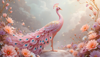 Whimsical Grace: Pink Peacock with Golden Patterns Amid Blossoms and Pastel Skies in a Sparkling Dreamscape.