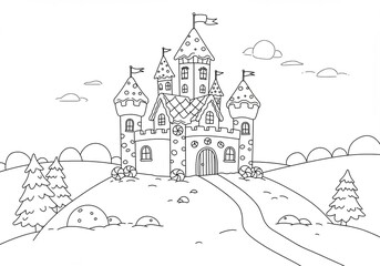 Obraz premium Black And White Illustration Of A Fairytale Castle On A Hill